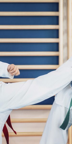 Two kids sparing in taekwondo class.